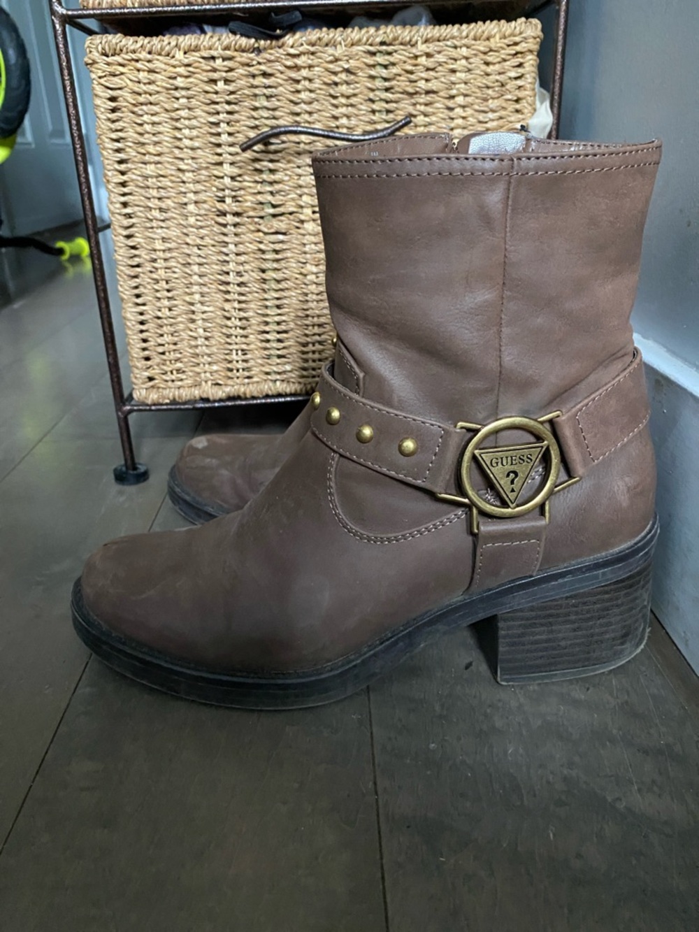 GUESS Brown Leather Ankle Harness Boot with Brass Logo Accent